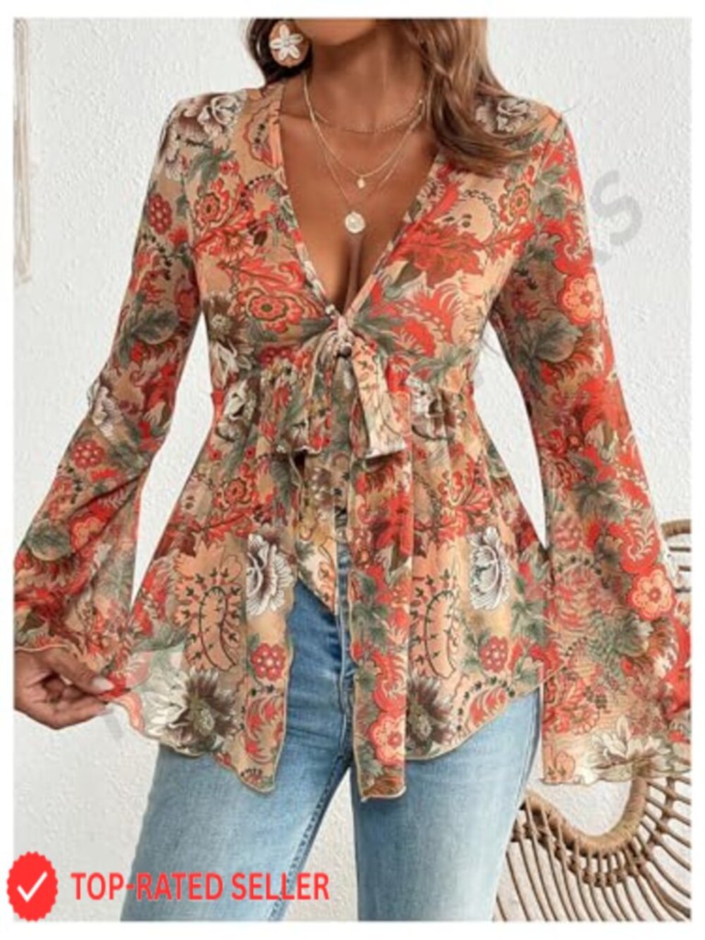 Bell Sleeve Top Tie Front Mesh V Neck Ruffle Peplum Blouse Sheer Long Sleeve - Picture 3 of 6